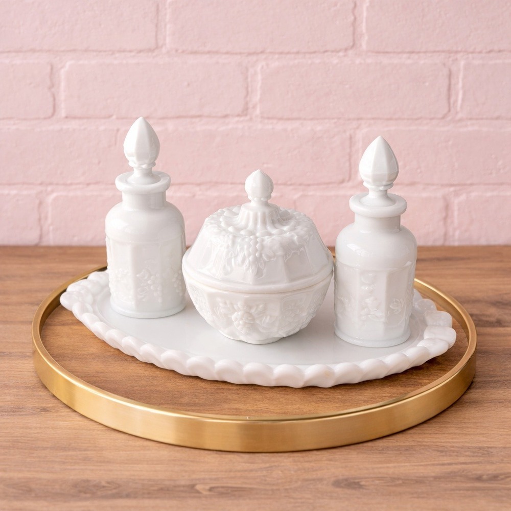 MINT‎ Westmoreland Milk Glass Paneled Grape 4pc Vanity Set - WG Marked Vintage